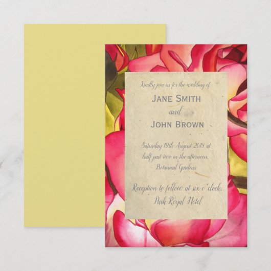 Invitation Rose rose mariage aquarelle art rustique (Devant / Derrière)