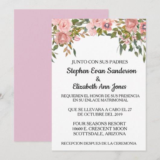 Invitation Rose rose mariage espagnol Rosa Blush aquarelle (Devant / Derrière)