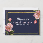 Invitation Rose Rose Marine Bleu & Or Moderne Sweet 16 Partie (Dos)