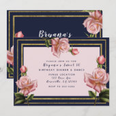 Invitation Rose Rose Marine Bleu & Or Moderne Sweet 16 Partie (Devant / Derrière)