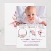 Invitation Rose rose mignonne or Floral Premier anniversaire  (Devant / Derrière)