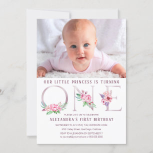 Invitation Rose rose mignonne or Floral Premier anniversaire 