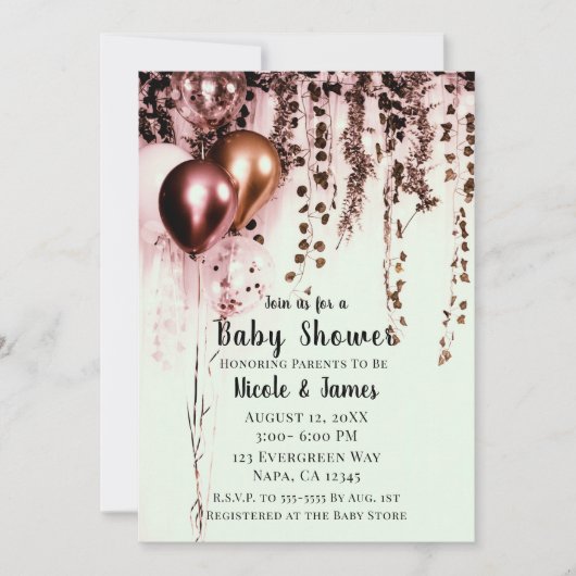 Invitation Rose rose Mince Lumières or Baby shower rustique (Devant)