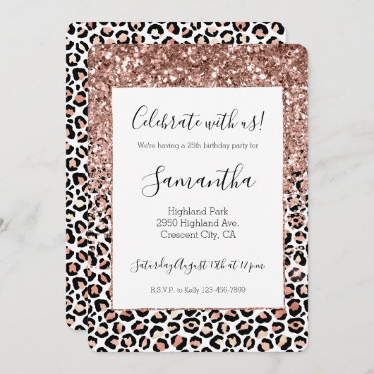 Invitation Rose Rose Noir Blanc Léopard Parties scintillant É (Devant / Derrière)