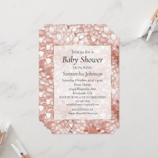 Invitation Rose Rose Or Blanc Baby shower Floral (Devant/Arrière en situation)