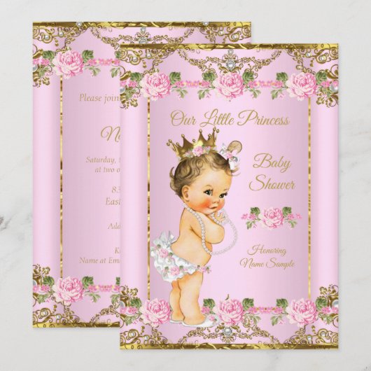Invitation Rose rose or blanc Princesse Baby shower Brunette (Devant / Derrière)