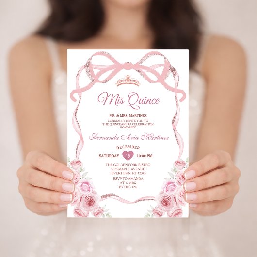Invitation Rose Rose Or Couronne Florale Bow Ribbon Mis Quinc
