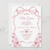 Invitation Rose Rose Or Couronne Florale Bow Ribbon Mis Quinc (Devant)