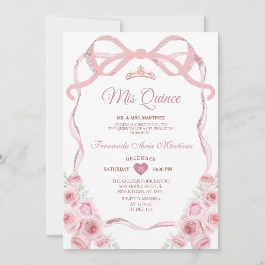 Invitation Rose Rose Or Couronne Florale Bow Ribbon Mis Quinc (Devant)