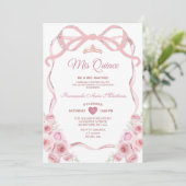 Invitation Rose Rose Or Couronne Florale Bow Ribbon Mis Quinc (Debout devant)