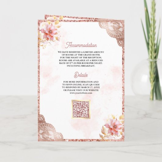 Invitation Rose Rose Or dentelle Florale Indien Mariage Peaco (Dos)
