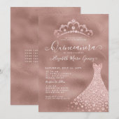 Invitation Rose Rose Or Diamant Tiara Robe Quinceanera (Devant / Derrière)