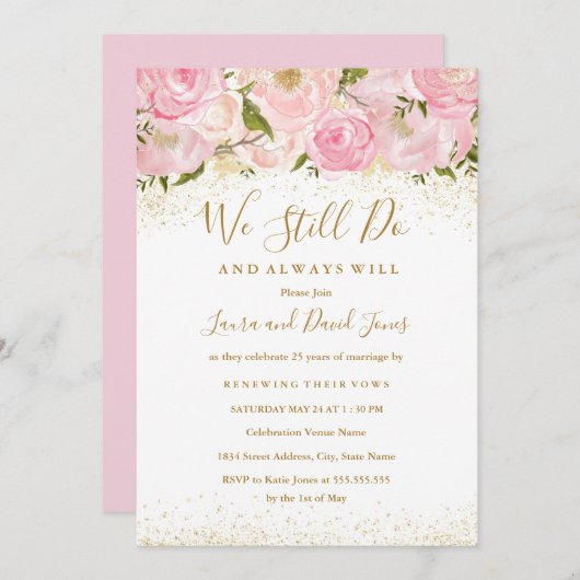 Invitation Rose rose or étincelle Mariage Vow Renouvellement (Devant / Derrière)