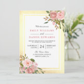 Invitation Rose Rose Or Fleurs Mariage frontière doré (Debout devant)