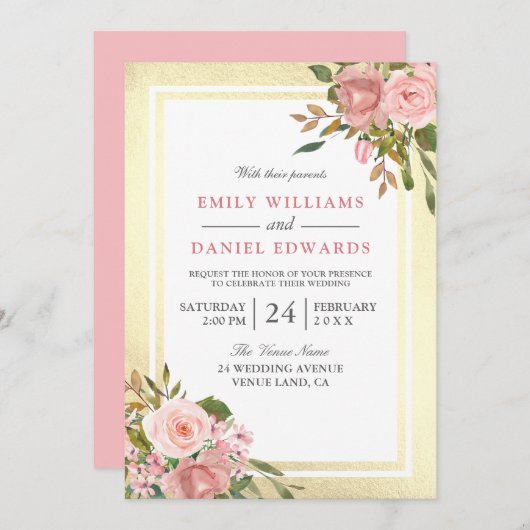 Invitation Rose Rose Or Fleurs Mariage frontière doré (Devant / Derrière)