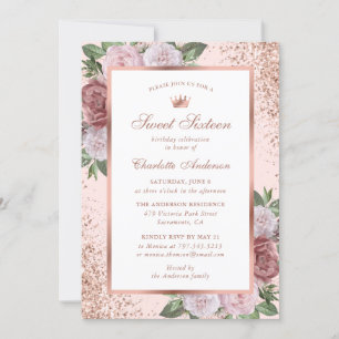 Invitation Rose Rose Or Floral Sweet 16 Anniversaire