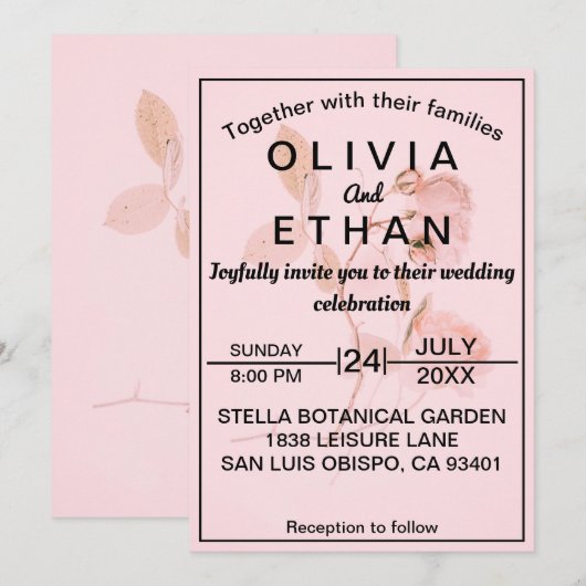 Invitation Rose rose pâle Chic Mariage floral d'été (Devant / Derrière)