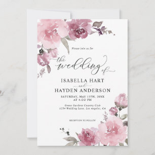 Invitation Rose rose pâle Dusty Floral Mauve Mariage