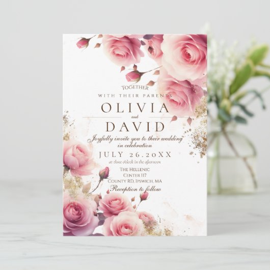 Invitation Rose rose pâle et Mariage de fleurs or élégant (Debout devant)