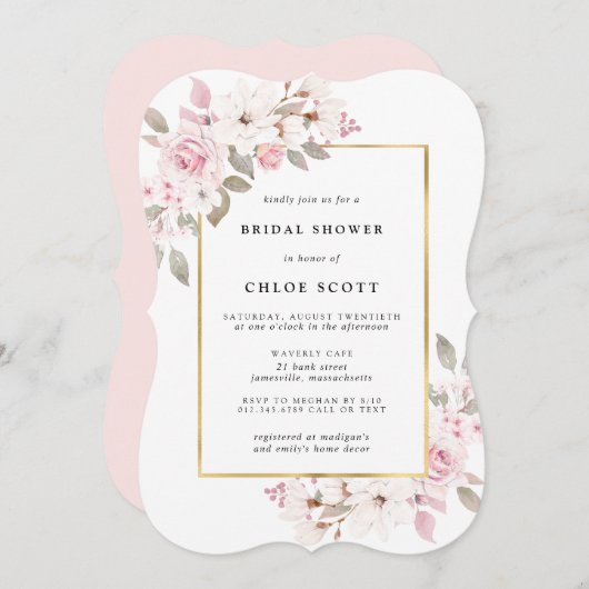 Invitation Rose rose pâle Fête des mariées florale (Devant / Derrière)