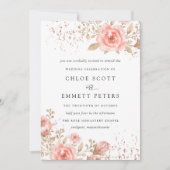 Invitation Rose rose pâle Feuilles d'or Floral (Devant)