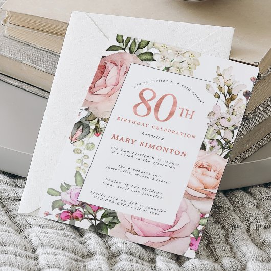Invitation Rose rose pâle Fleur 80e anniversaire