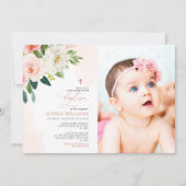 Invitation Rose rose pâle Fleur Photo Girl Baptême (Devant)