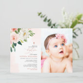Invitation Rose rose pâle Fleur Photo Girl Baptême (Debout devant)