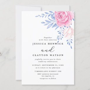 Invitation Rose rose pâle Floral Dusty Blue Feuille Mariage