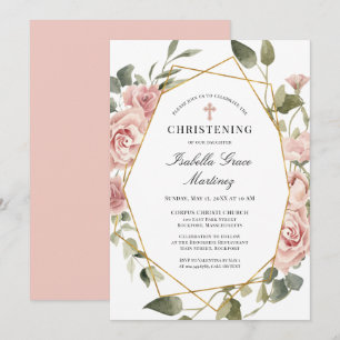 Invitation Rose rose pâle Floral Élégant Christening