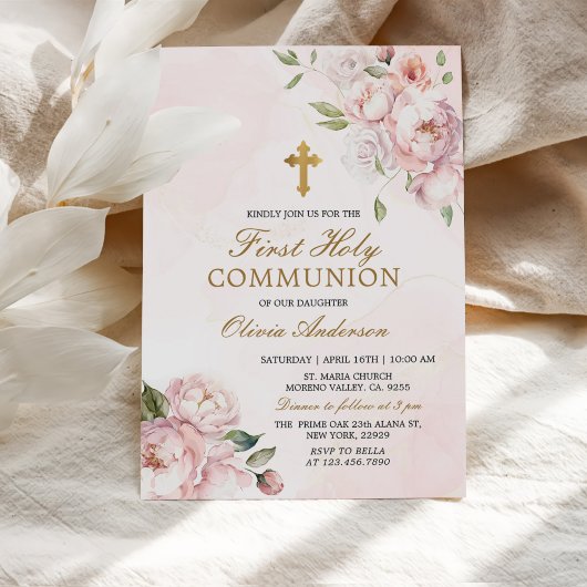 Invitation Rose rose pâle Floral Première Communion sainte