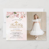 Invitation Rose rose pâle Floral Première Sainte Communion Ph (Devant)