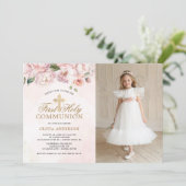 Invitation Rose rose pâle Floral Première Sainte Communion Ph (Debout devant)
