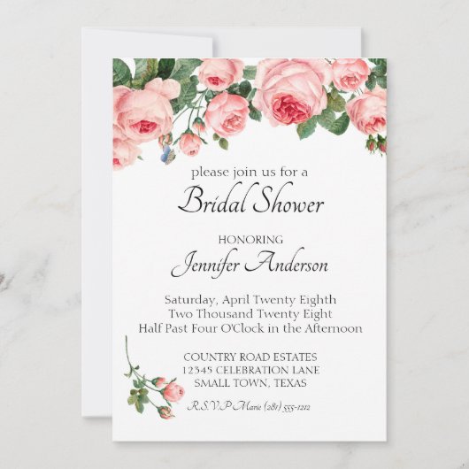 Invitation Rose Rose Pâle Mariage Shower (Devant)