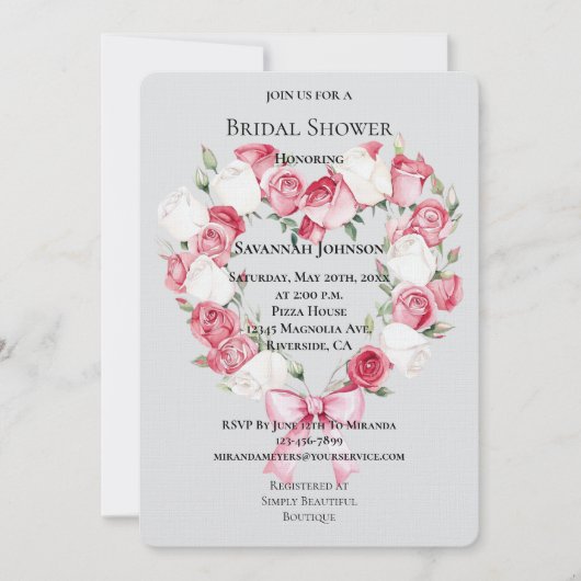 Invitation Rose rose pâle Rose rose Fête des mariées de coeur (Devant)