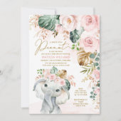 Invitation Rose rose pâle verdure tropicale Elephant Baby Gir (Devant)
