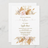Invitation Rose rose Pampas Grass Palm Calligraphie Baptême (Devant / Derrière)