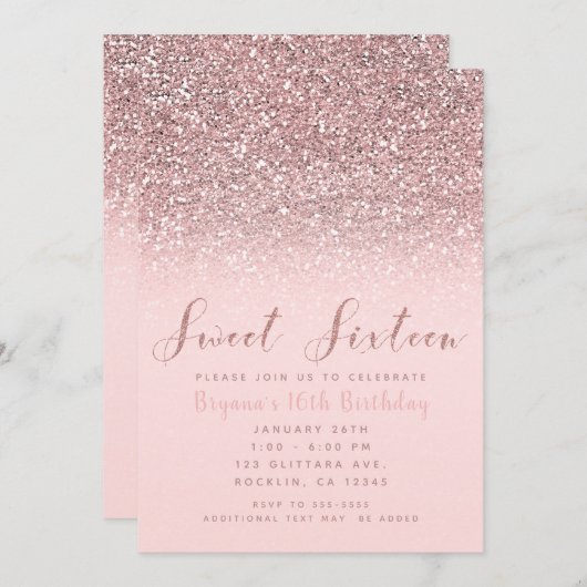 Invitation Rose Rose Parties scintillant or étincelante Douce (Devant / Derrière)