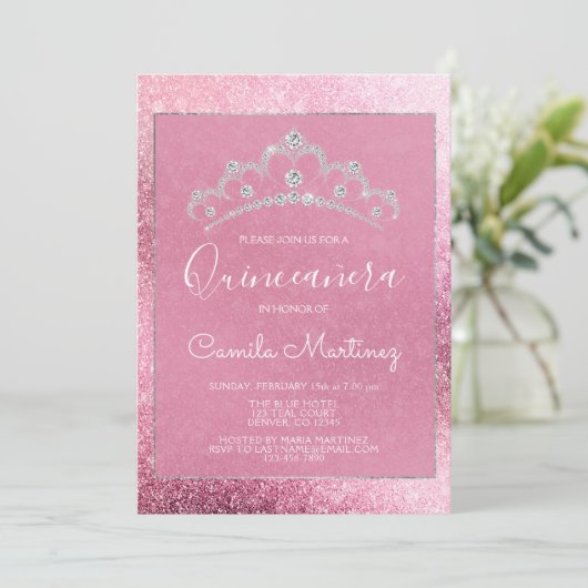 Invitation Rose Rose Parties scintillant or Quinceanera avec (Debout devant)