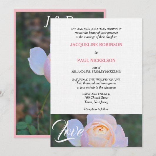 Invitation Rose rose pastel amour (Devant / Derrière)
