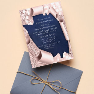 Invitation Rose rose pastel poudre Cadre 3D Bleu marine