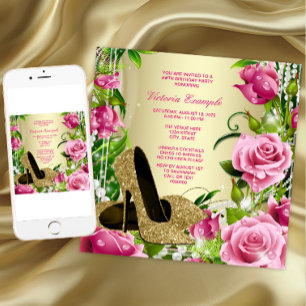 Invitation Rose Rose Pearl Or talon haute chaussure Anniversa