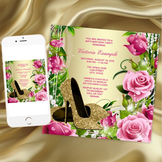 Invitation Rose Rose Pearl Or talon haute chaussure Anniversa