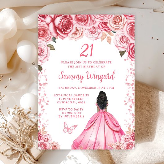 Invitation Rose rose peau foncée princesse Anniversaire