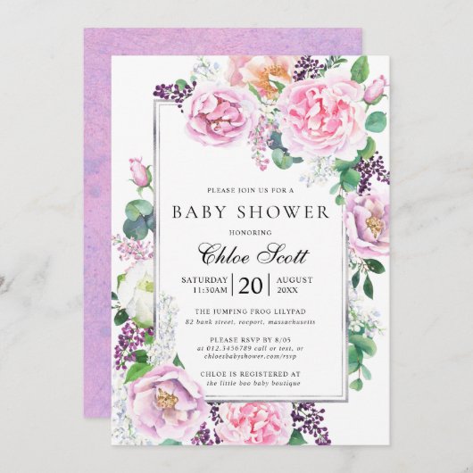 Invitation Rose rose Peony Baby shower floral (Devant / Derrière)