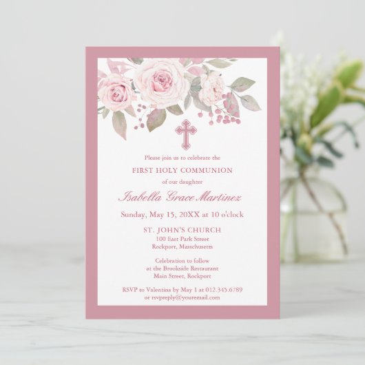 Invitation Rose rose Peony Floral Première Communion Sainte (Debout devant)