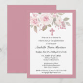 Invitation Rose rose Peony Floral Première Communion Sainte (Devant / Derrière)