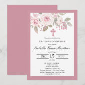 Invitation Rose rose Peony Floral Première Communion Sainte (Devant / Derrière)
