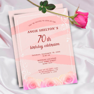 Invitation Rose rose poudrée Aquarelle florale Rayures 70e an