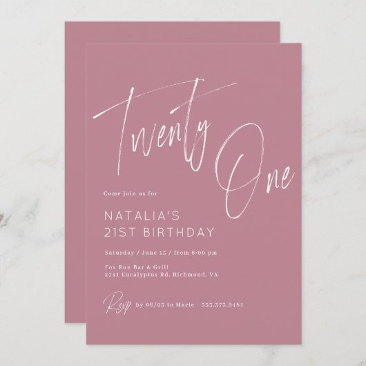 Invitation Rose Rose poussiéreux | Élégant Script 21e anniver (Devant / Derrière)